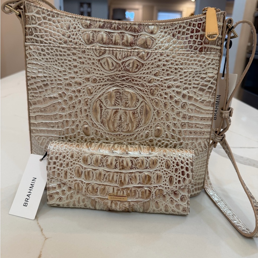 Brahmin Cream Crocodile Embossed Crossbody Bag